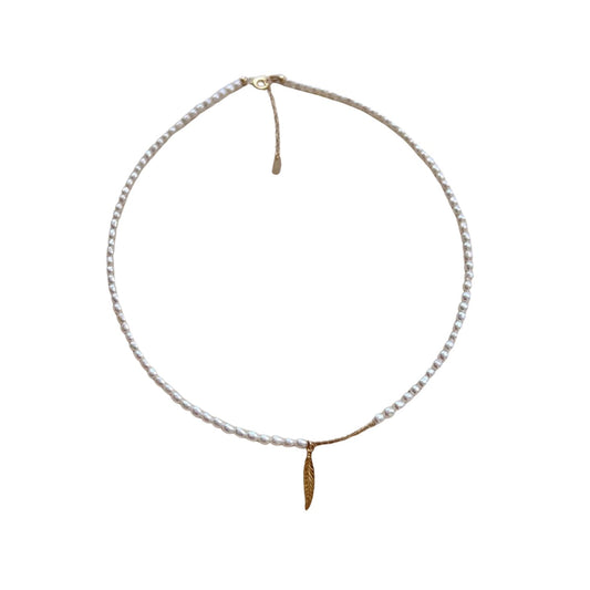 14K Gold Feather Pendant Necklace with Rice Pearl Chain - Elegant Bridal Jewelry - Dainty Wedding Accessory - Minimalist Beaded Charm Necklace