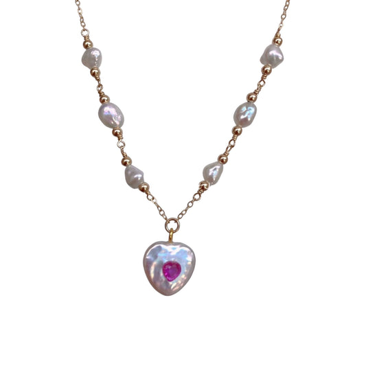 14K Gold-Filled Handcrafted Wire-Wrapped Baroque Pearl Heart Pendant Necklace with Pink Gemstone Center