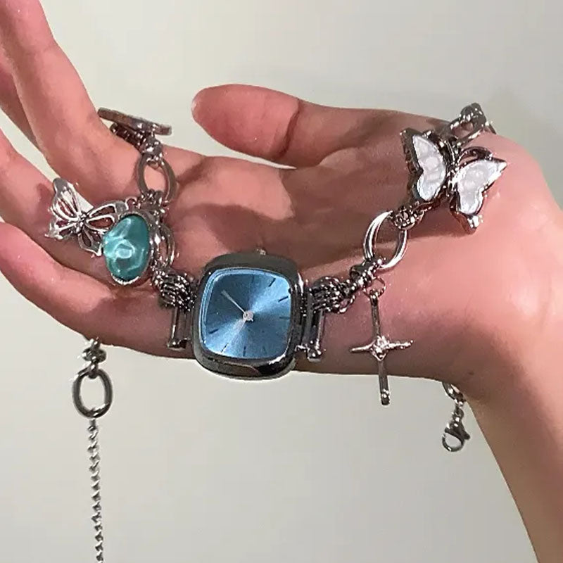 Vintage Chunky Metal Chain Necklace Blue Watch Pendant Choker, Fashion Punk Jewelry, Y2KAccessories, Perfect Unique Handmade Gift