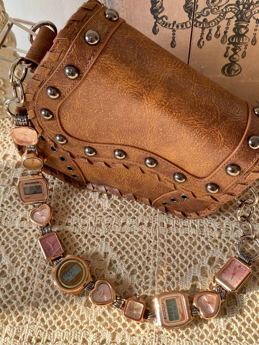 Punk Watch Chain Purse Strap,Vintage Brown Saddle Bag