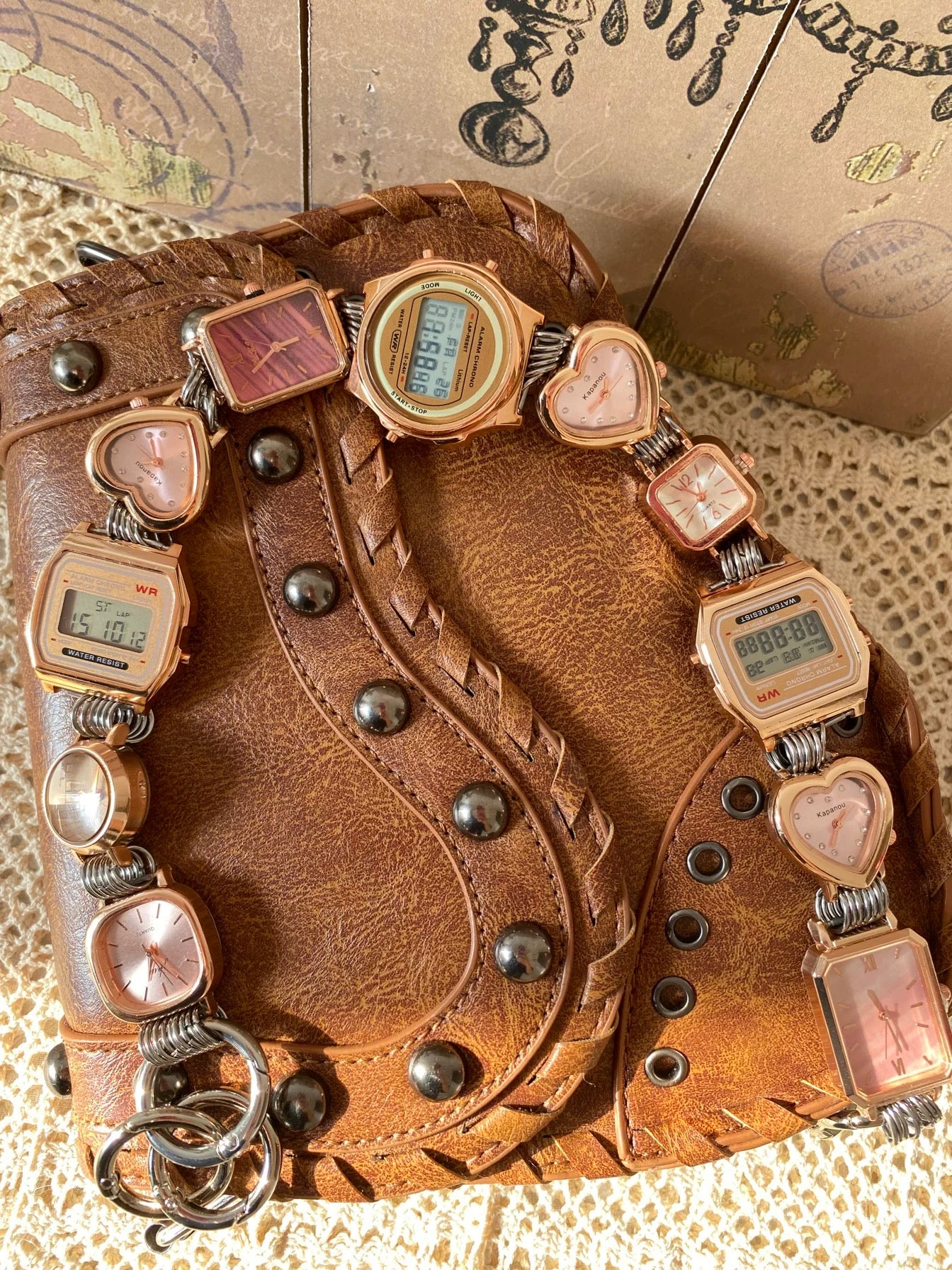 Punk Watch Chain Purse Strap,Vintage Brown Saddle Bag