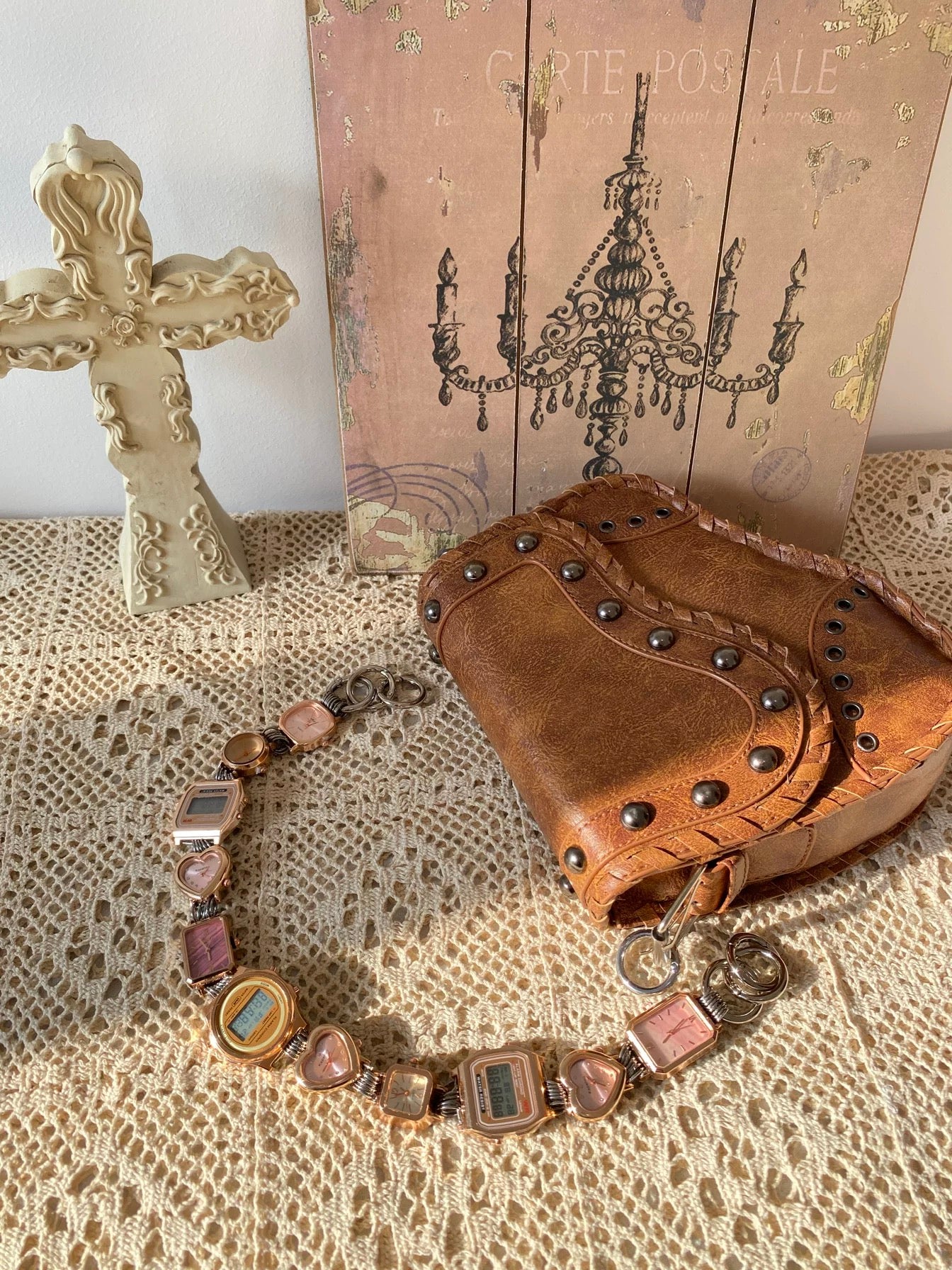 Punk Watch Chain Purse Strap,Vintage Brown Saddle Bag