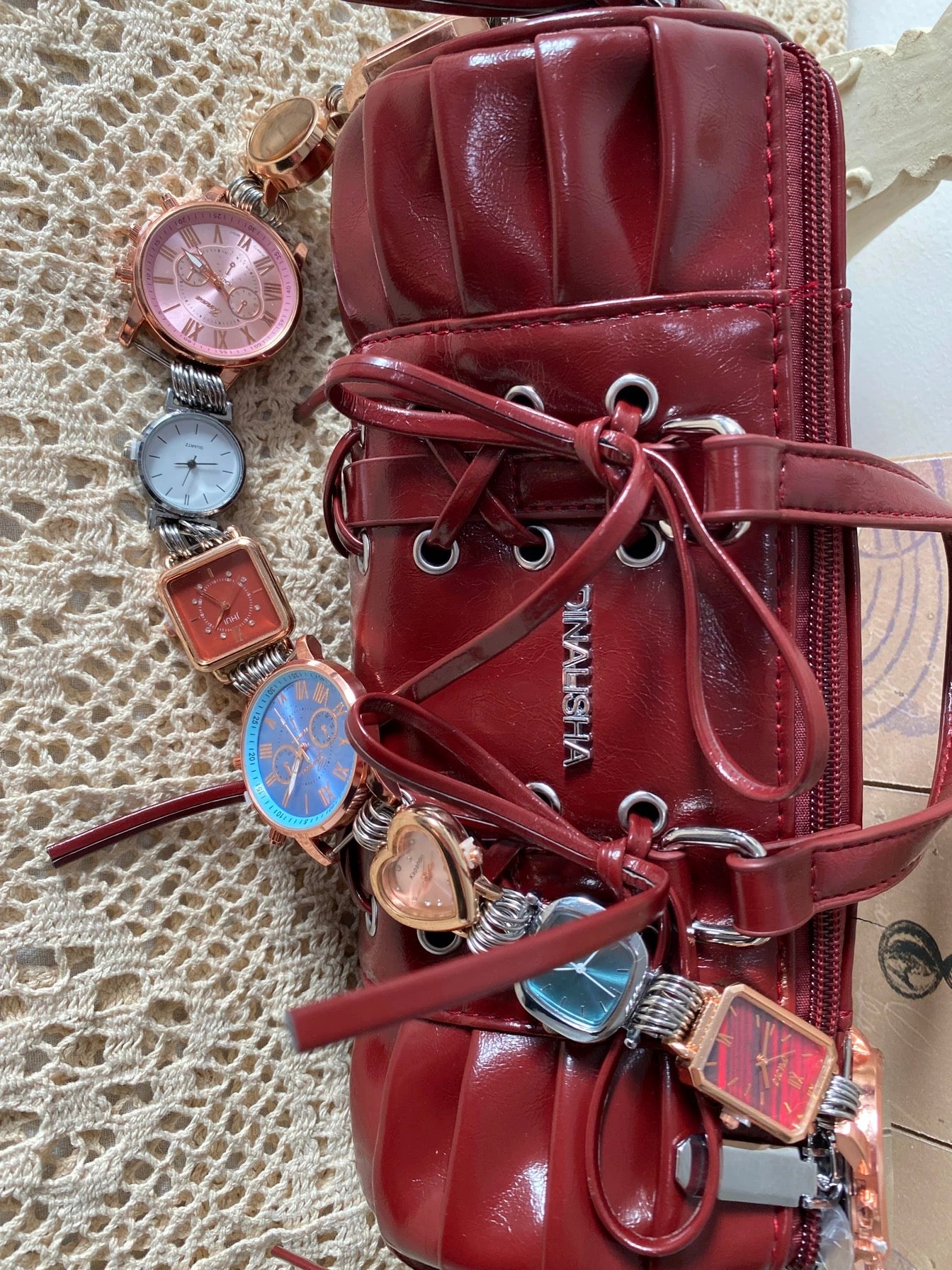 Cyberpunk Watch Bag Strap,Vintage Red Shoulder Bag