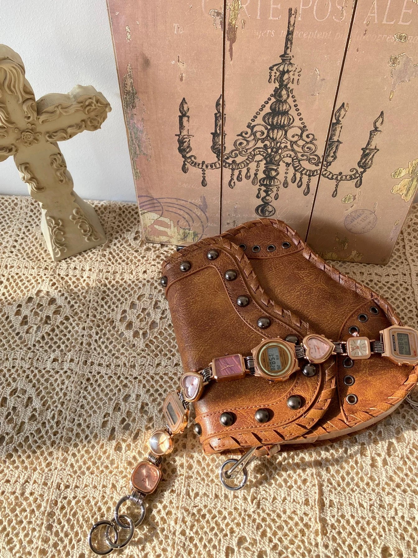 Punk Watch Chain Purse Strap,Vintage Brown Saddle Bag