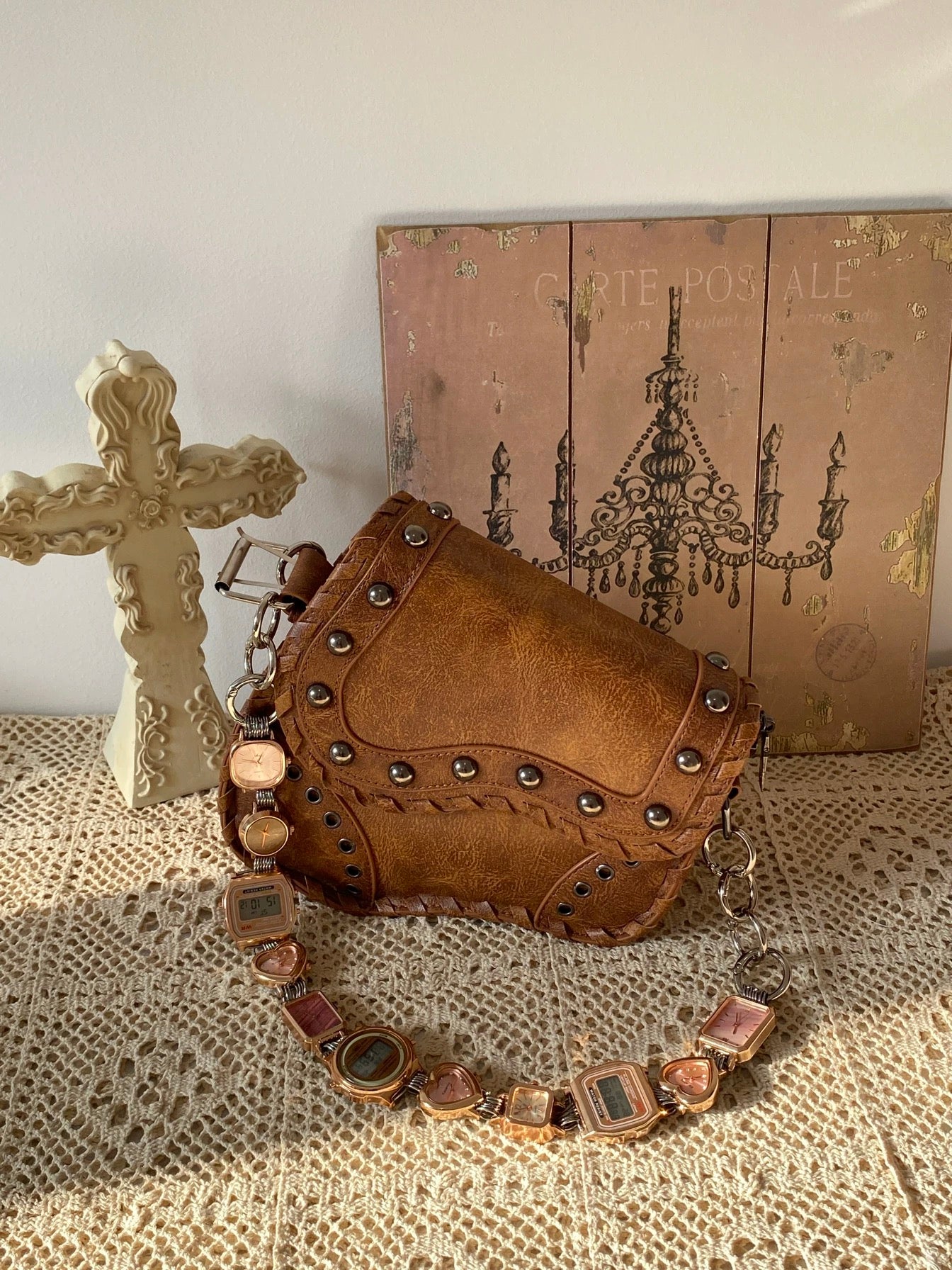 Punk Watch Chain Purse Strap,Vintage Brown Saddle Bag