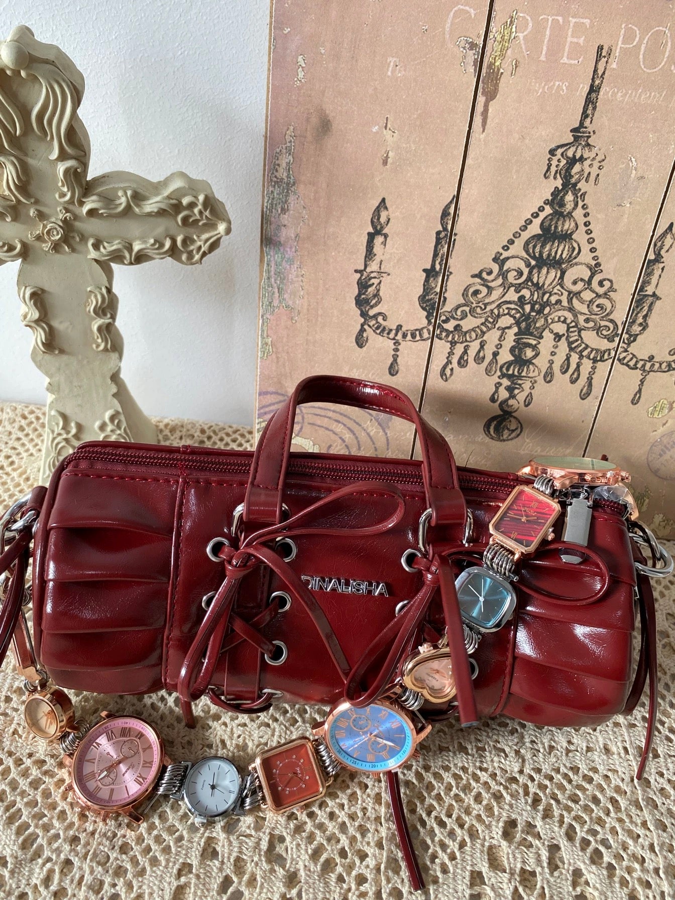 Cyberpunk Watch Bag Strap,Vintage Red Shoulder Bag