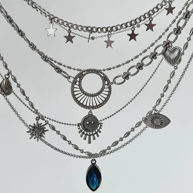 Vintage punk style, lapis lazuli, stars, eye of God, heart pendant silver layered necklace, exotic elegance, niche personality, perfect unique gift.