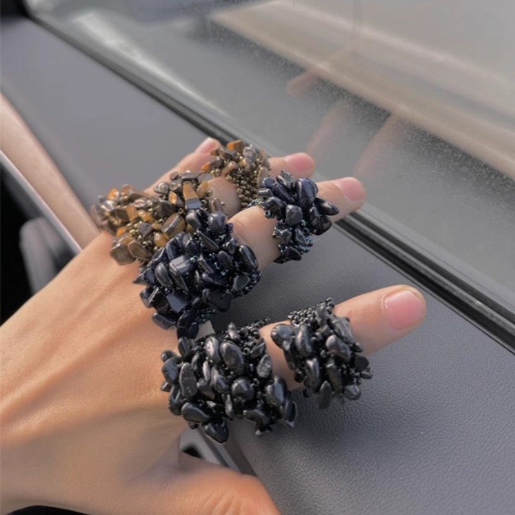 Hand-knitted Natural Small stones Vintage Beaded Bead Ring