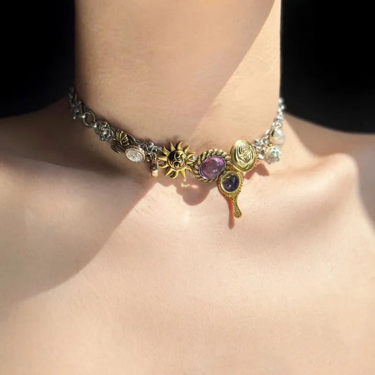 Punk Choker Heavy Industry Titanium Steel Necklace Gorgeous Purple Crystal Pendant for Women