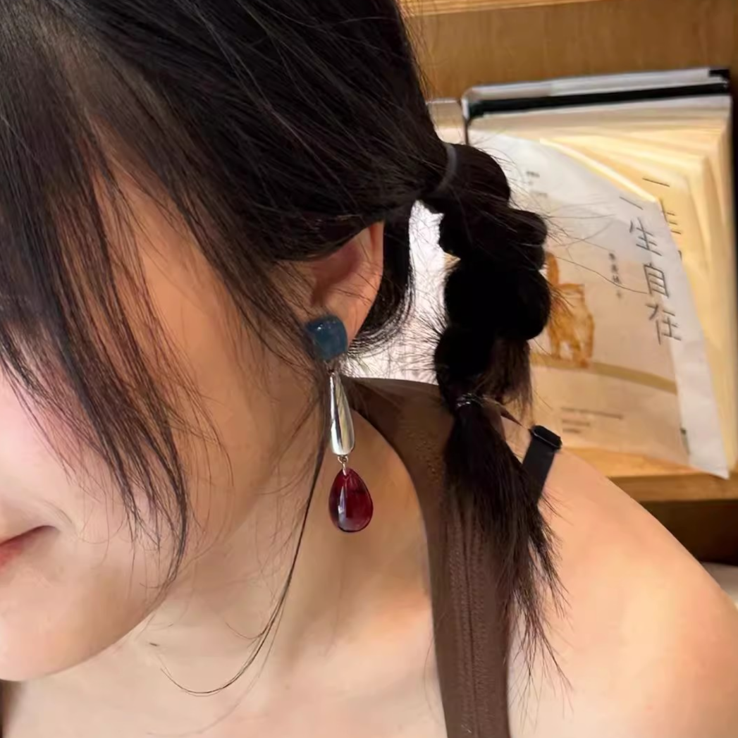 Handmade Red and Blue Contrast Long Earrings