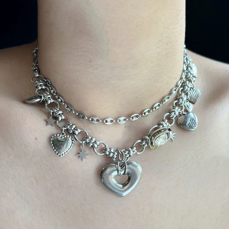 Y2K Heart Shape Punk Necklace Choker Titanium Steel Liquid Metal Handmade Necklace Collarbone Chain for Women