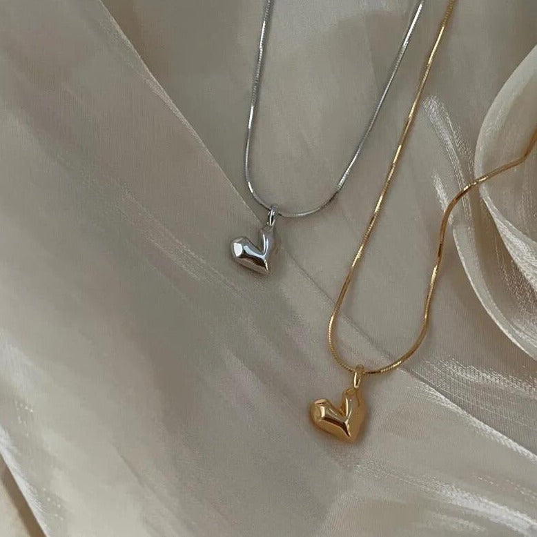 Sterling Silver Snake Bone Heart Pendant Necklace – 3D Heart Charm Jewelry for Chic Fashion