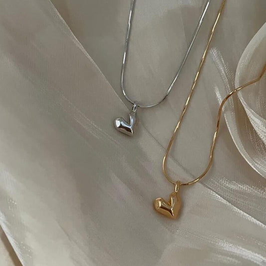 Sterling Silver Snake Bone Heart Pendant Necklace – 3D Heart Charm Jewelry for Chic Fashion