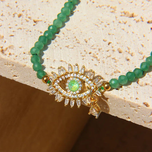 Handcrafted Green Jade Evil Eye Necklace – Iridescent Gemstone Pendant for Protection and Style