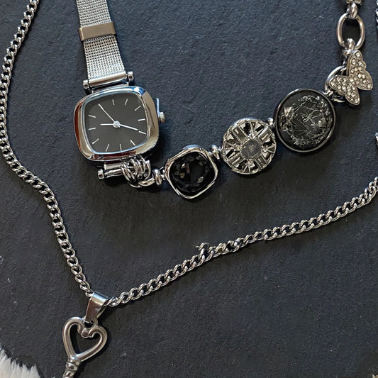 Cyberpunk silver watch chunky chain necklace & bracelet (two ways to wear), key pendant layered necklace, trendy and cool, Y2K necklac