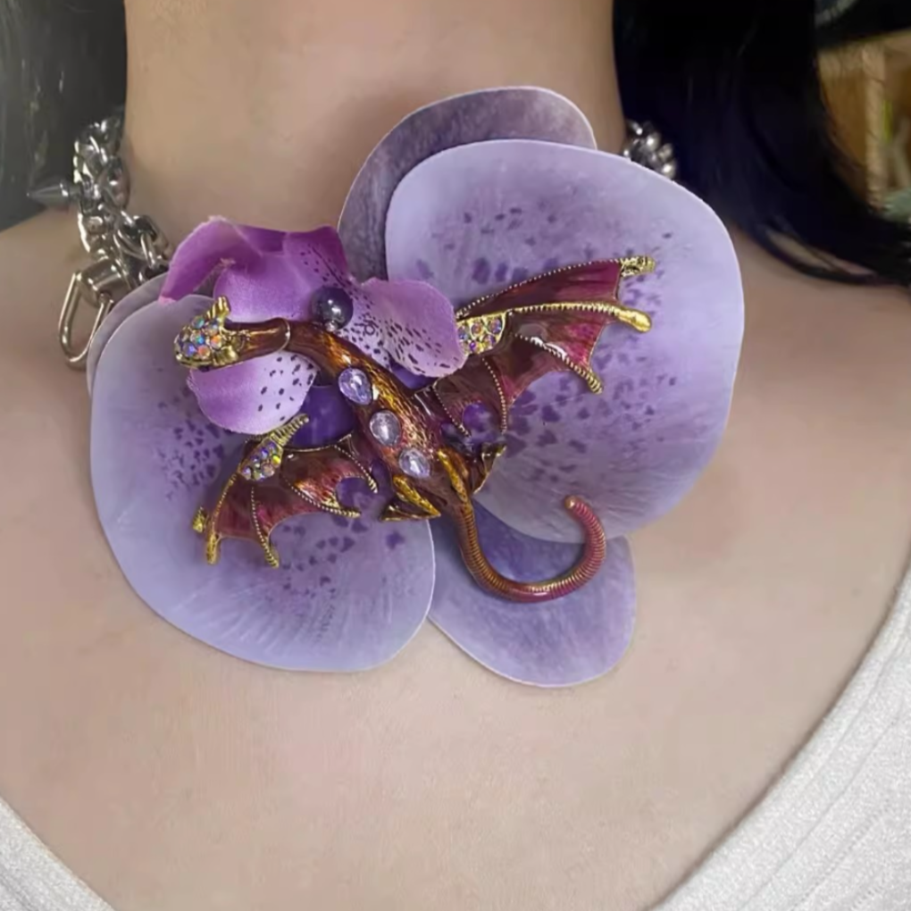 Niche Rretro Punk Butterfly Orchid Titanium Steel Leather Choker Necklace