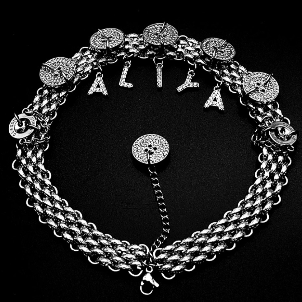 Personalized Letter Diamond Button Choker Titanium Steel Neck Chain Necklace