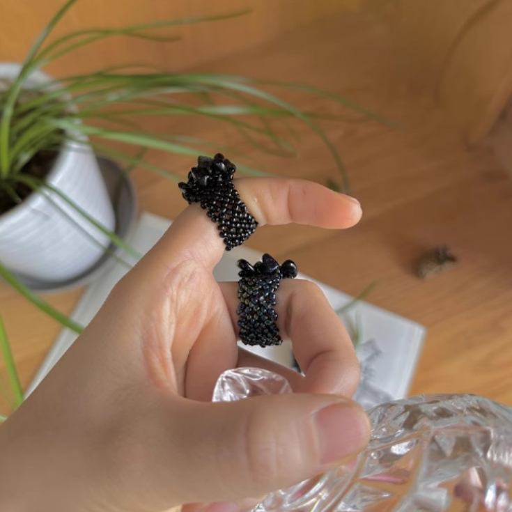 Hand-knitted Natural Small stones Vintage Beaded Bead Ring