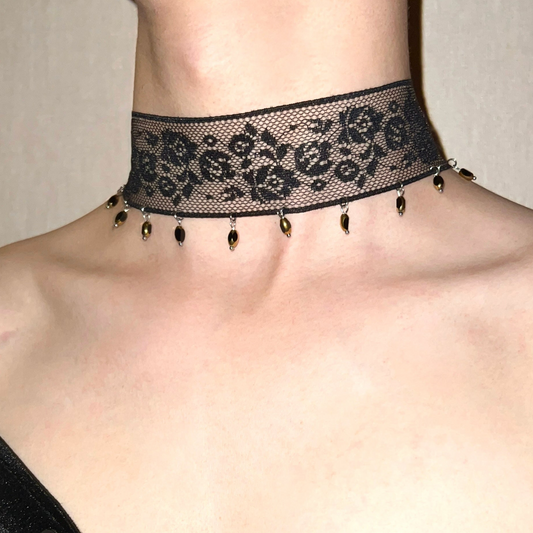 Handmade Black Lace Choker with Glass Bead Pendant Necklace for Women Girls Jewelry