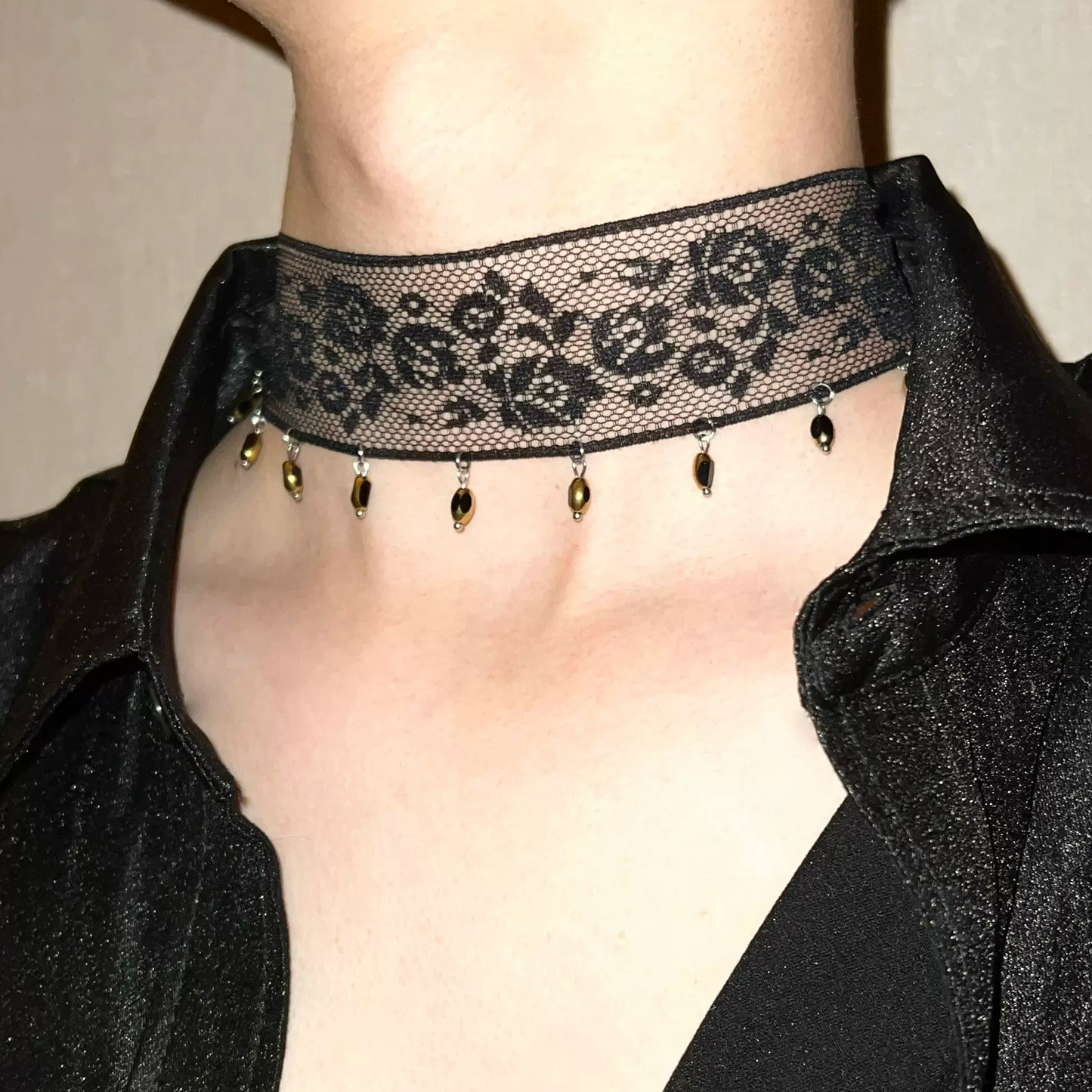 Handmade Black Lace Choker with Glass Bead Pendant Necklace for Women Girls Jewelry