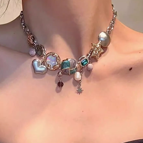 Vintage Enamel Star, Heart, and Geometric Shape Gemstone Necklace - Exquisite Handcrafted Silver Choker