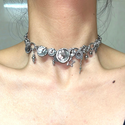 Cyberpunk silver button chunky chain choker, Star embellishment,Vintage Silver Choker,masculine style