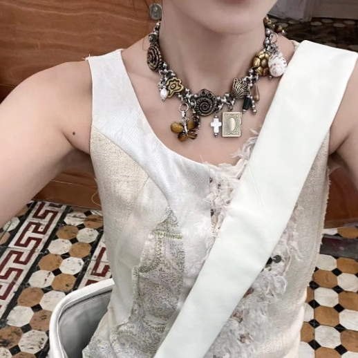 Vintagepunk Shell, Conch and Butterfly Element Silver Choker, Trend Clutter Cool Chunky chain choker,Y2Kchoker