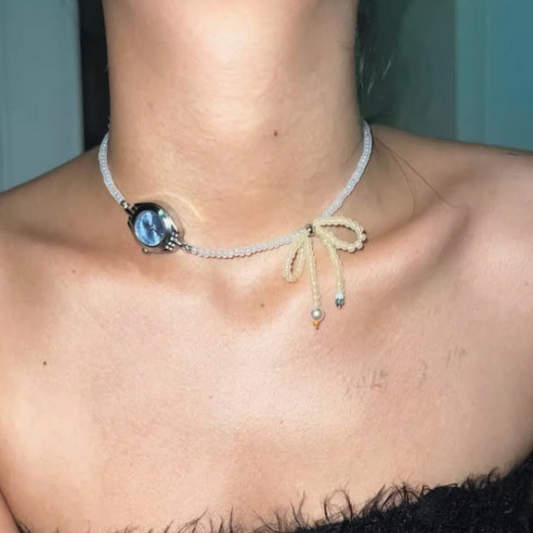 Vintagepunk Blue Watch and Bow Choker,Beaded Choker,Y2Kchoker,A Special and Perfect Gift