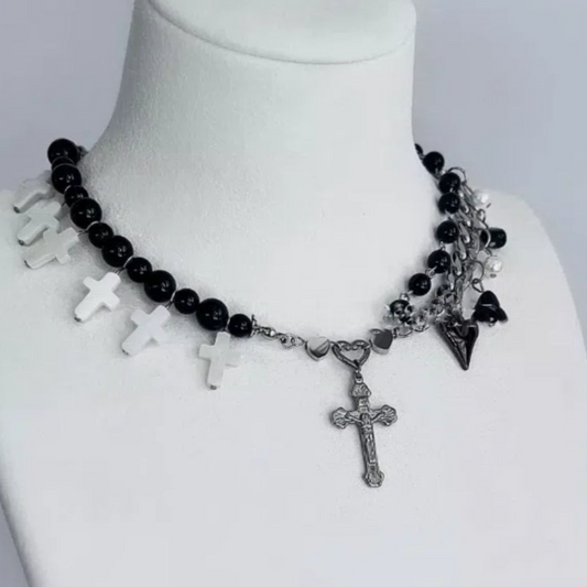 Cyberpunk, silver double-layer cross pendant necklace, decorated with cross and obsidian,Y2Kchoker,punk style,perfect gift,unisex choker