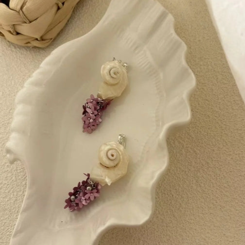 Handcrafted, white natural conch shells earrings, accented with purple floral details,S925,showcasing a distinct oceanic style,a perfectgift
