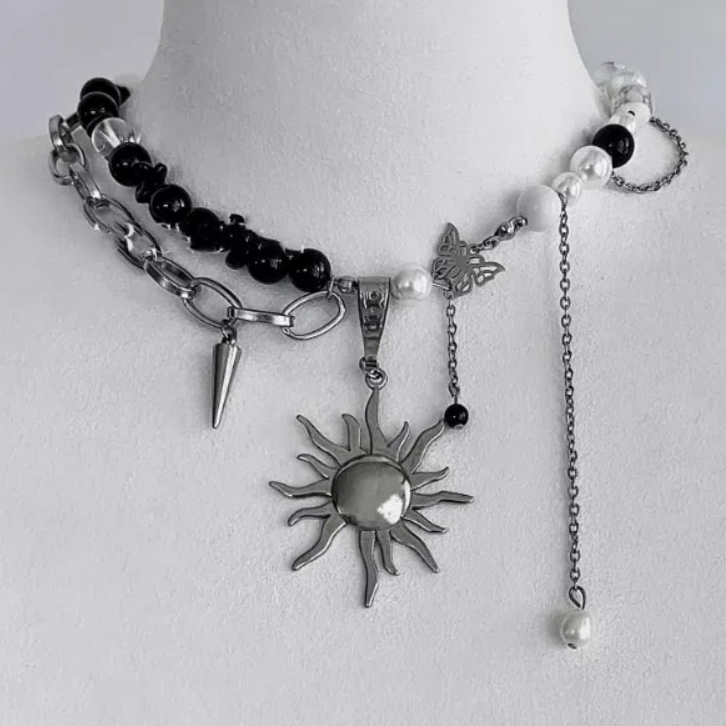 Cyberpunk-inspired sun pendant necklace, accented with obsidian and pearls on a double-layer chain, Y2K choker. It's a perfect gift
