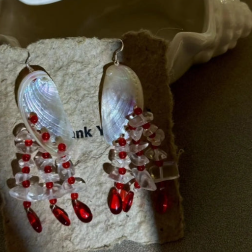 Handcrafted colorful shell earrings featuring red bead pendants, inspired by mermaid elements, S925 silver,unique design , a perfect gift