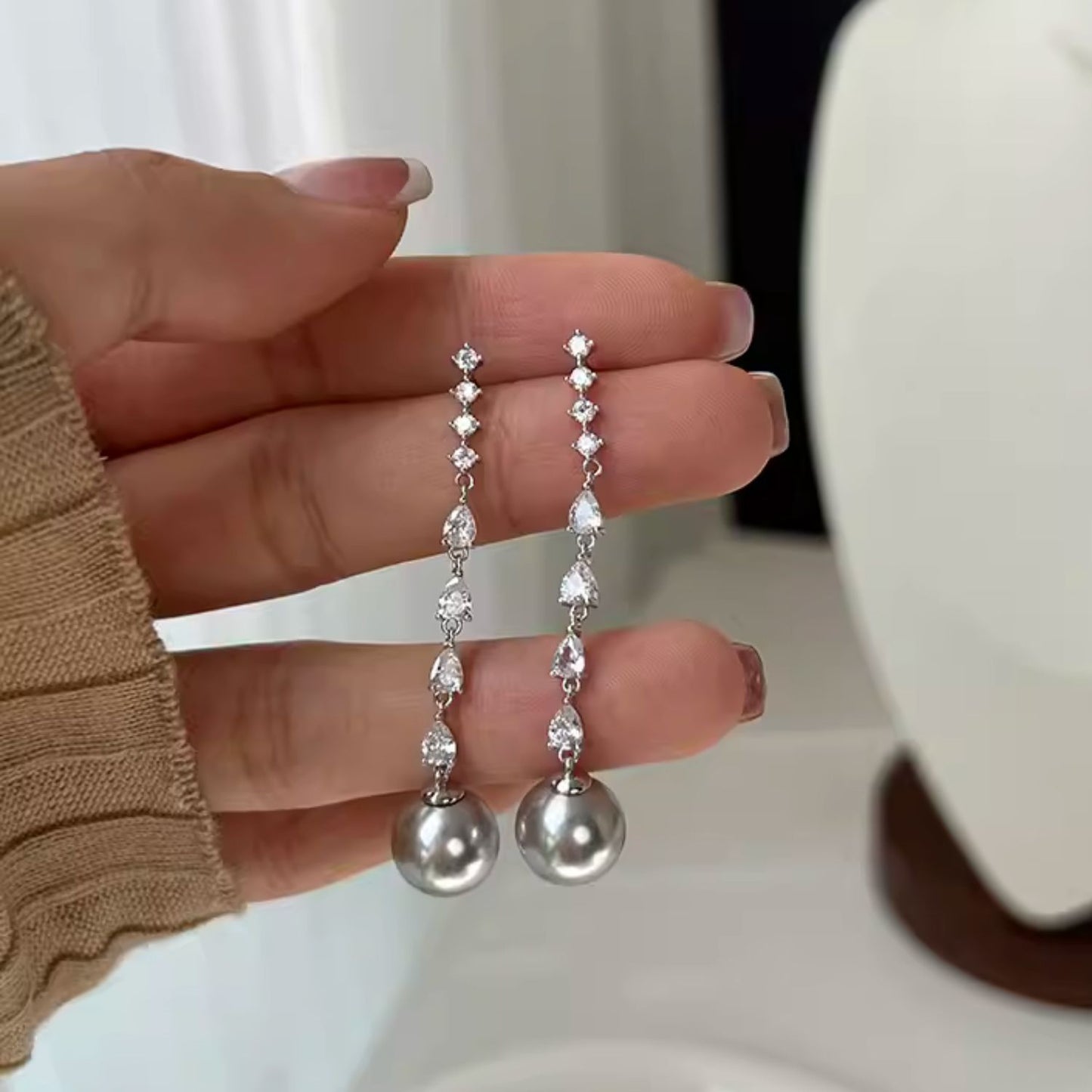 Pearl Dangle Earrings with Zirconia Crystals, Retro S925 Sterling Silver Earrings