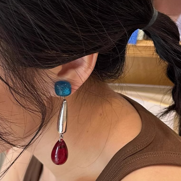 Handmade Red and Blue Contrast Long Earrings