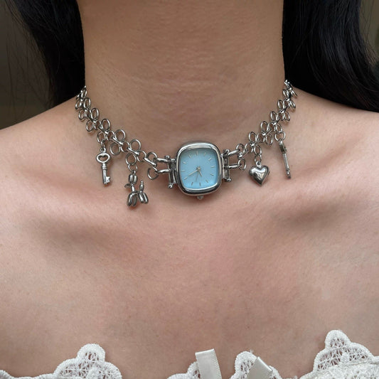 Cyberpunk Silver Chain Watch Choker, Silver Dog, Heart, Key Charm Choker Necklace, Chunky Chain Necklace, Y2K Jewelry, Perfect Unisex Gift