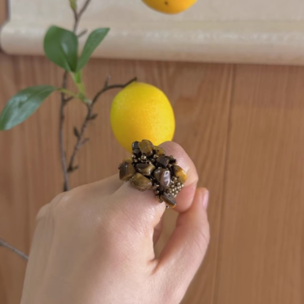 Hand-knitted Natural Small stones Vintage Beaded Bead Ring