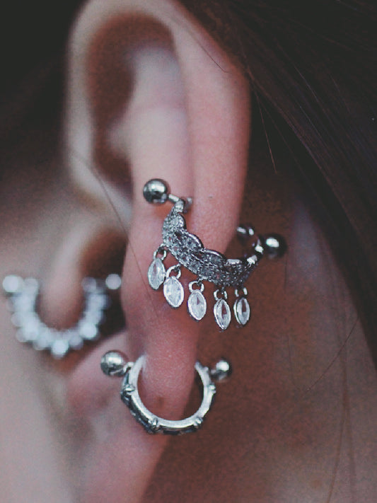 Dark Gothic Ear Cuff, Gold-Plated Silver, Crystal-Studded 925 Silver U-Shape Punk Earrings