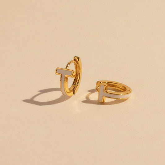 Minimalist Stylish T-Shape Hoop Earrings, White Enamel Polished, High-End Quality