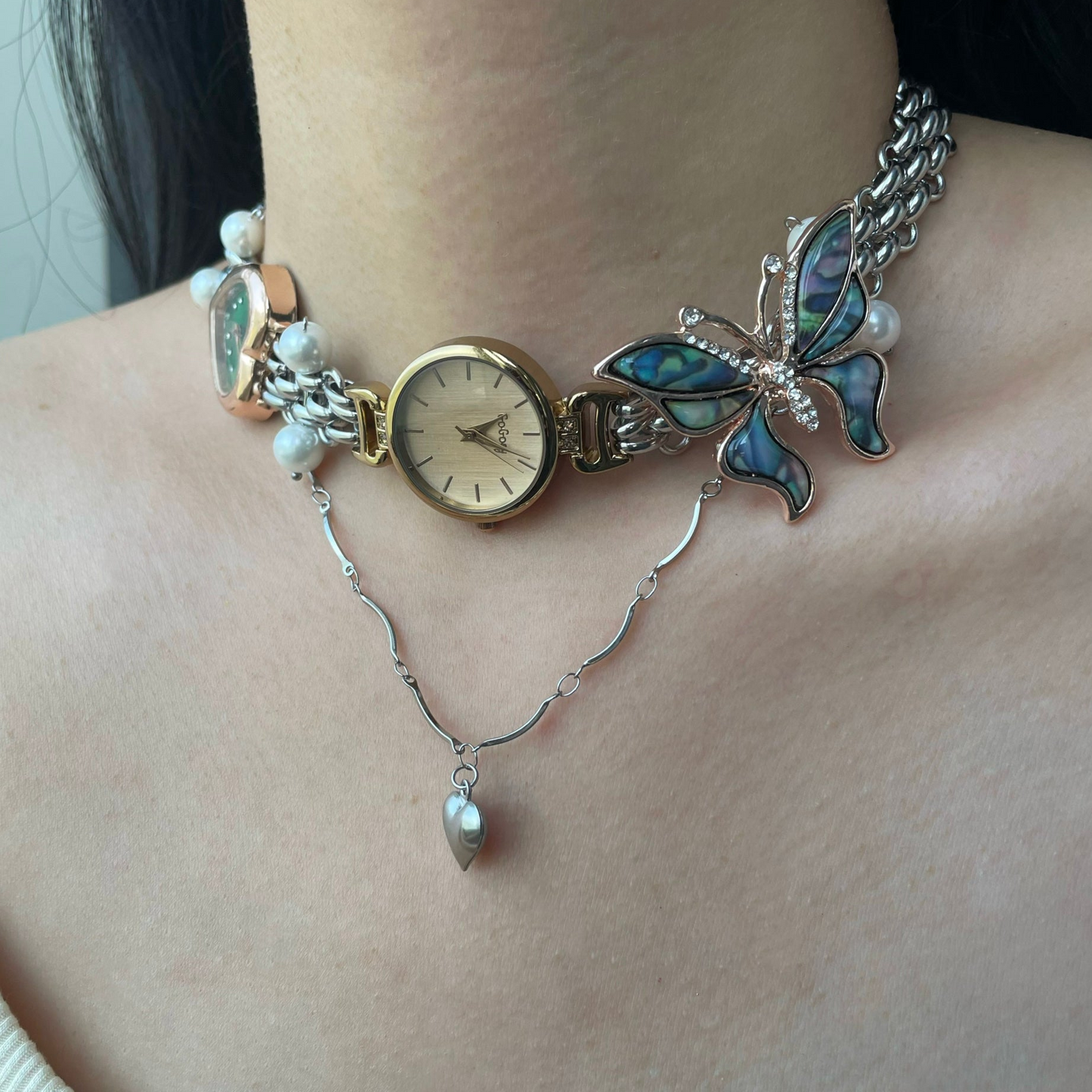 Vintage Butterfly Watch Pendant Choker, Layered Heart Necklace