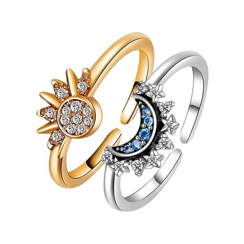 Sun & Moon Harmony Ring Set, Stackable Solar and Lunar Bands, Adjustable Starry Sky Rings
