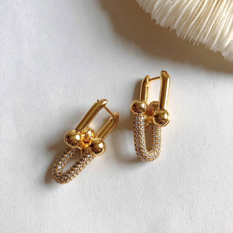 18K Gold-Plated Brass Earrings, Sparkling U-Shape Bamboo Chain, Clip-on Hoop