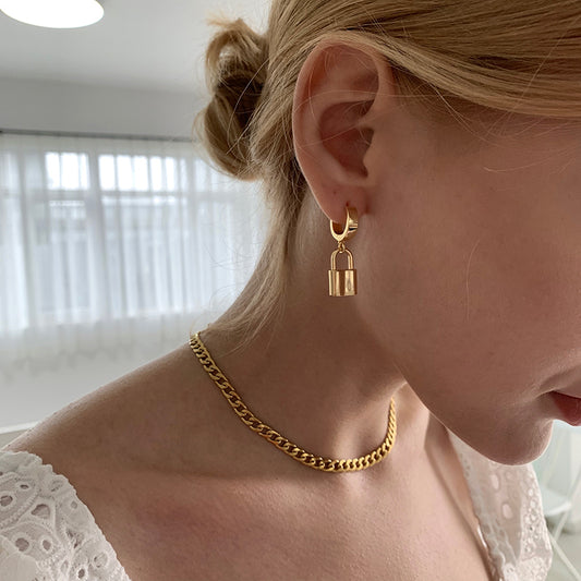 Fashionable Lock Metal Earrings, Eco-Friendly Brass with Genuine Gold Plating, Minimalist Style