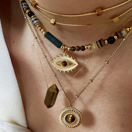 Tiger's Eye Pendant Stainless Steel Necklace, Vacuum Plated 14K Gold, Adjustable 16-19.7 Inch Length