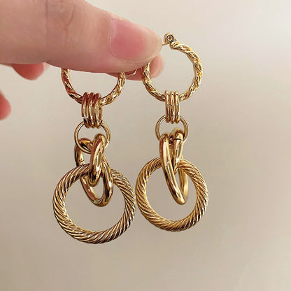 French Style Metal Thread Earrings, Minimalist Circle Pendant, Hypoallergenic Gold-Plated