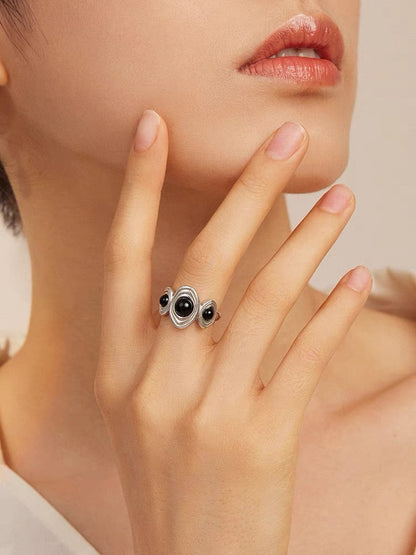 Vintage Open Ring, Black Obsidian Inlay, Women's Versatile Band