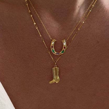 Western Cowboy Boots and Horseshoe Pendant Necklace
