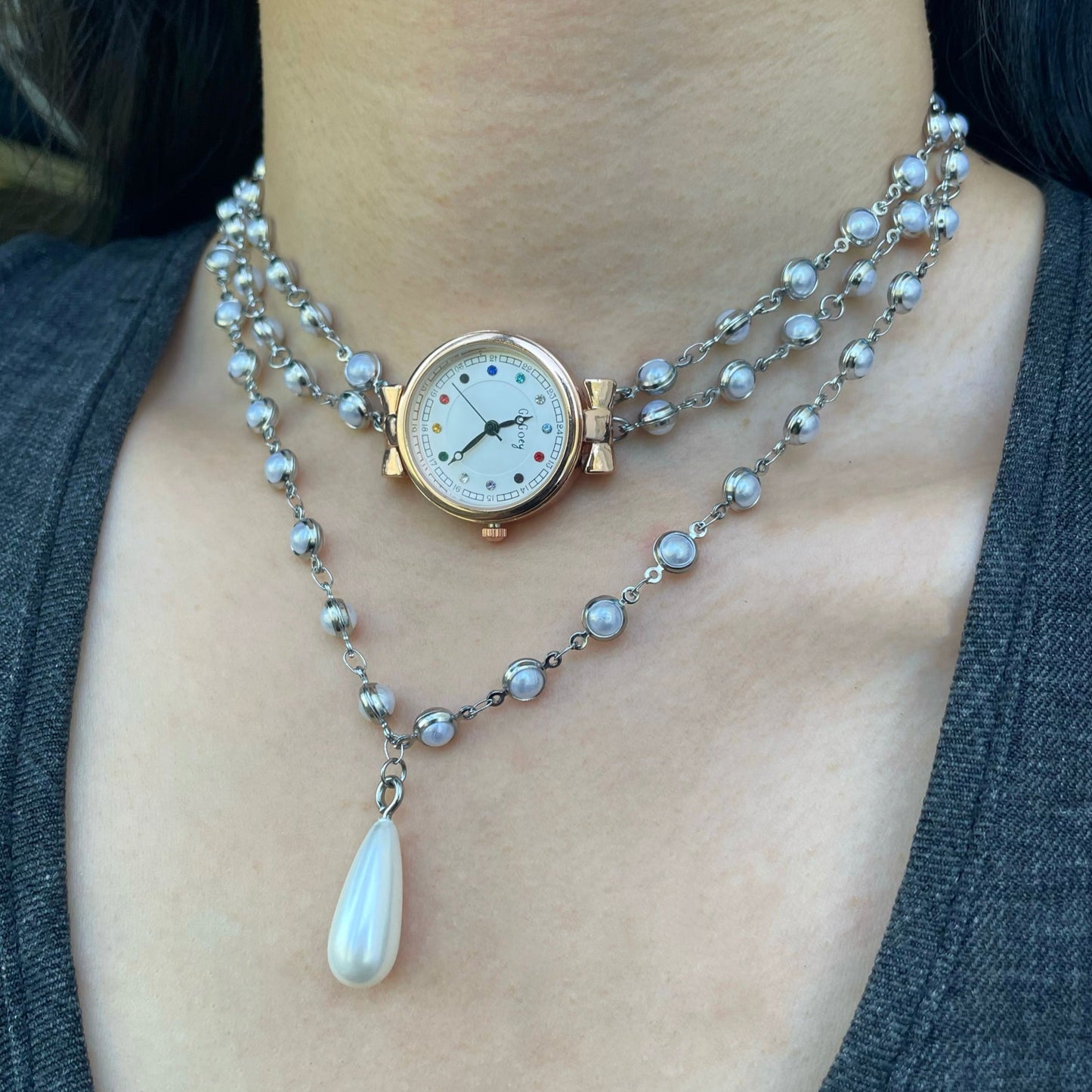 Niche Multi-layer Pearls Watch Choker Necklace Simple Stacking Clavicle Chain