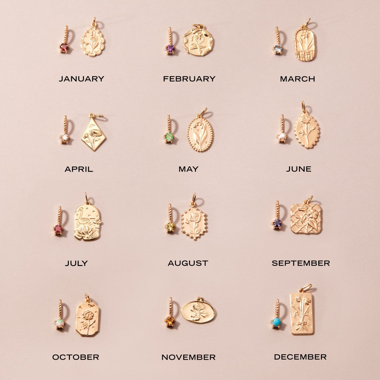 Zodiac Birthstone Necklace, Round Pendant with Colored Zirconia, Copper and Zirconia, 14k Gold Plated
