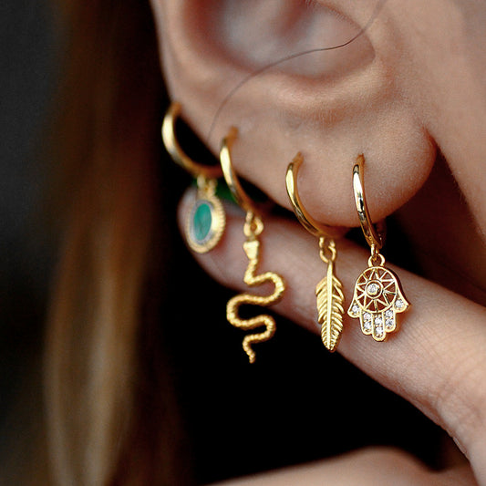 Bohemian Feather Ear Cuff, Vintage Stackable Snake Ear Cuff, Round Hoop Earrings, Minimalist 925 Silver