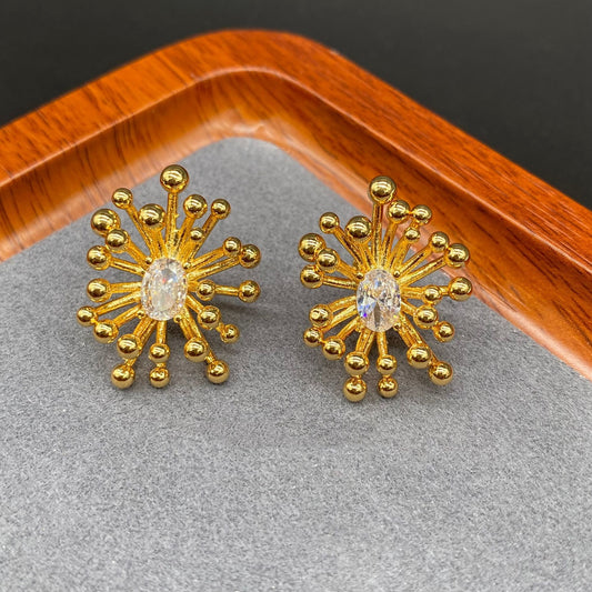 Vintage Gold-Plated Brass Earrings, 19x24mm Firework Zircon, S925 Silver Post